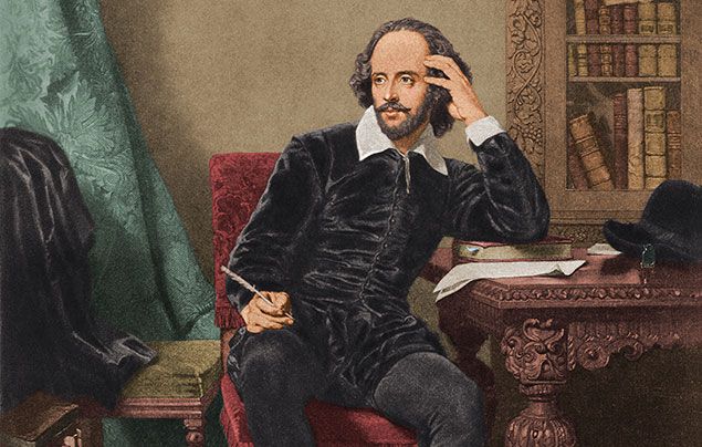 Shakespeare-facts-1.jpg A seated man in period clothing, holding a quill, surrounded by books and a desk