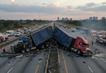 I-95 CARNAGE Sparks Federal Scrutiny… Two overturned trucks blocking a highway with emergency responders at the scene