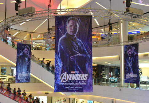 Promotional banners for Avengers Endgame hanging in a shopping mall