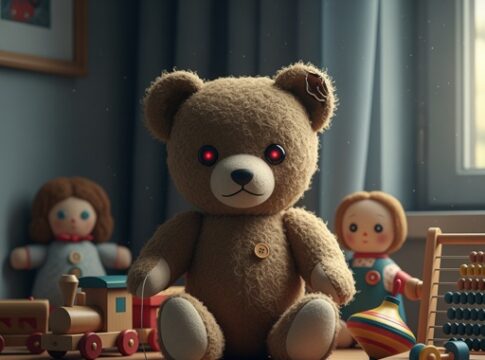 A teddy bear with glowing red eyes surrounded by other toys in a playroom