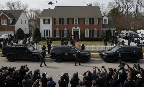 FBI agents and SWAT team outside a house during an operation